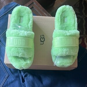 UGG Neon Green Fluffy Slide Sandals